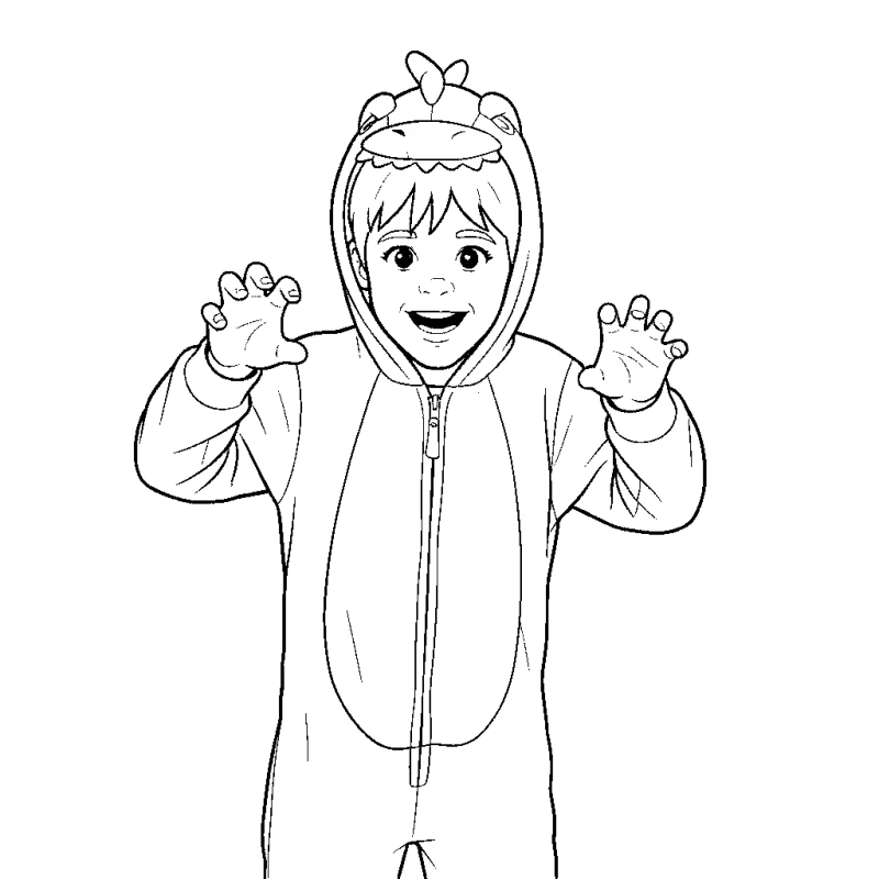 A child in a green dinosaur costume, the coloring page