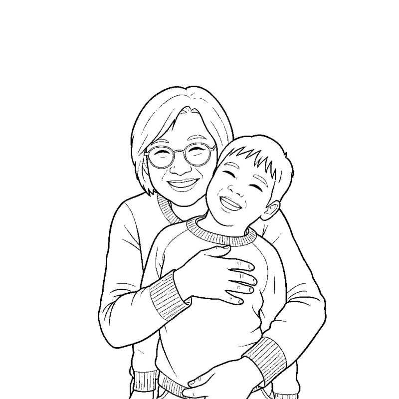 A grandmother hugging a laughing child, the coloring page