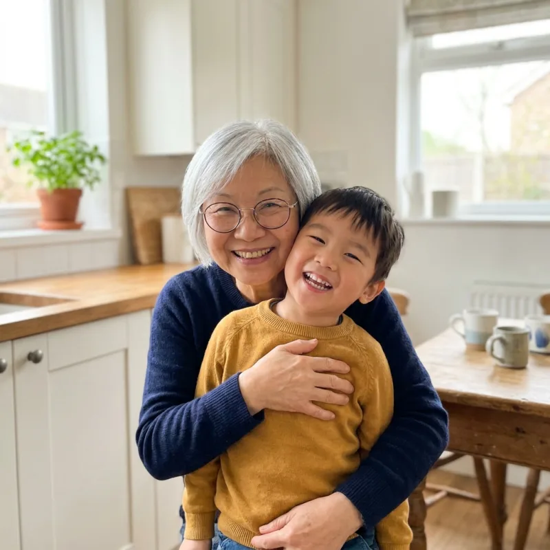 A grandmother hugging a laughing child, the photo