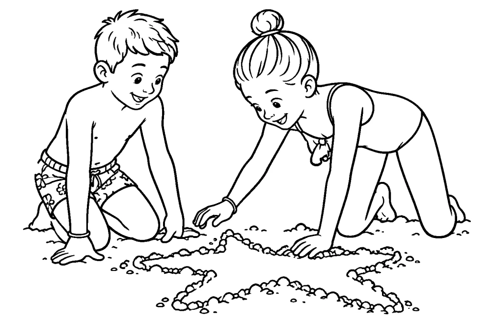 Two kids drawing in the sand at the beach, the coloring page