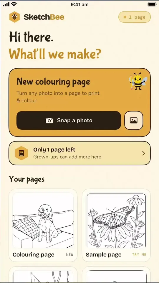 SketchBee home — snap a photo or pick one from the camera roll